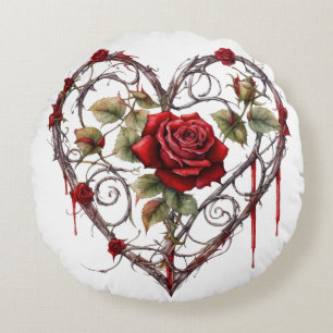 Gothic Red Rose Heart Vine Artwork Vintage Elegant Round Pillow