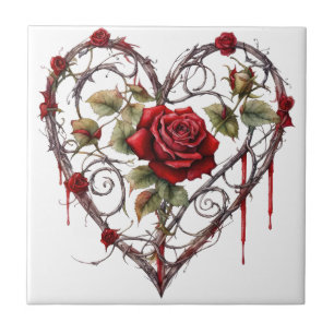 Gothic Red Rose Heart Vine Artwork Vintage Elegant Tile