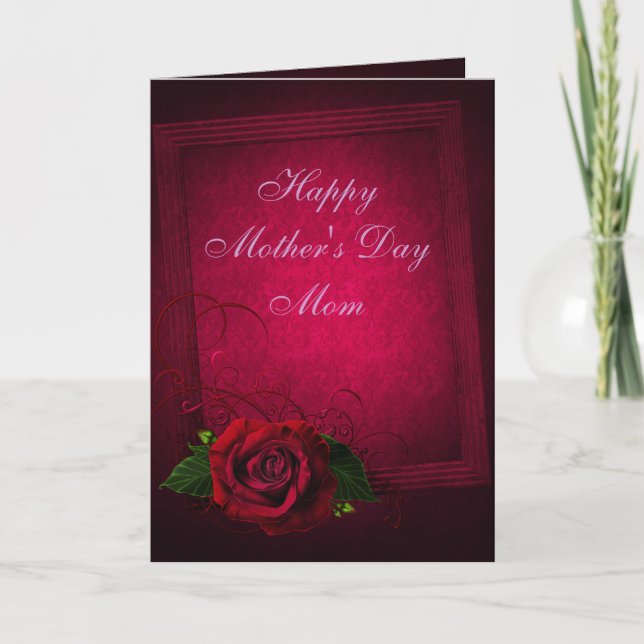 Gothic Red Rose & Purple Damask Mother's Day Card (Front)