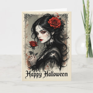 Gothic Red Rose Vampire Woman Halloween Elegant Card