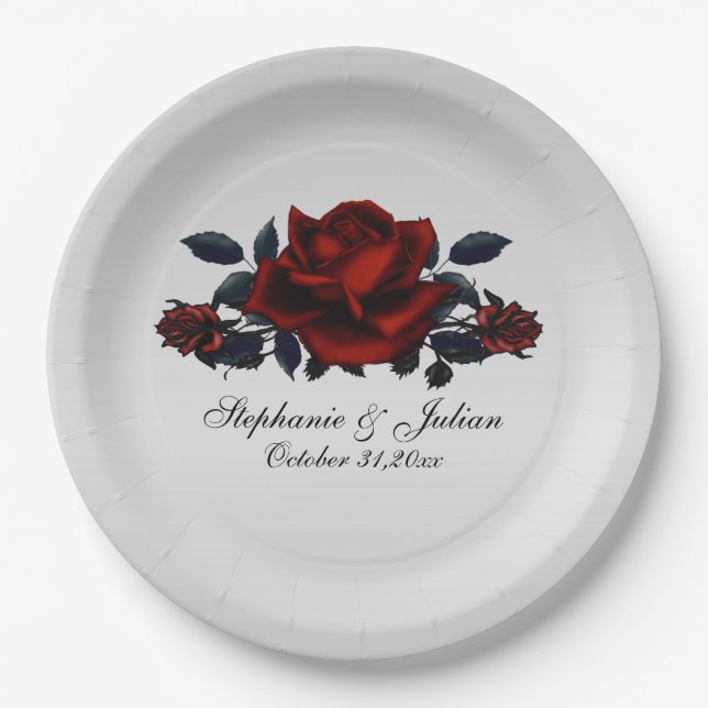 Gothic Red Rose Wedding Paper Plate (Front)