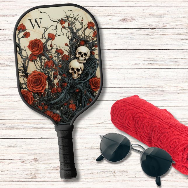 Gothic Red Roses and Skulls Monogram  Pickleball Paddle (Creator Uploaded)
