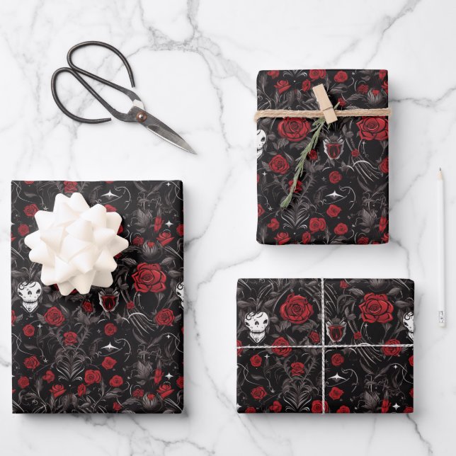 Gothic Red Roses and Skulls Wrapping Paper Sheet (Front)