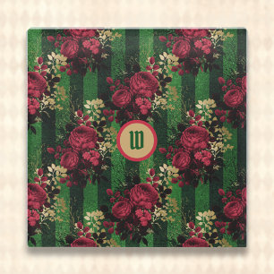 Gothic Red Roses and Stripes with Initial Glass Coaster