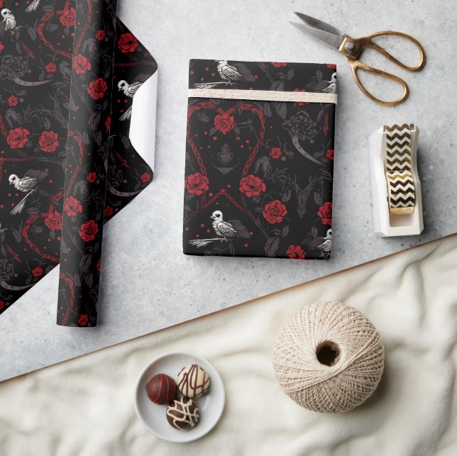Gothic Red Roses Chain Red Heart and White Crow Wrapping Paper (Crafts)
