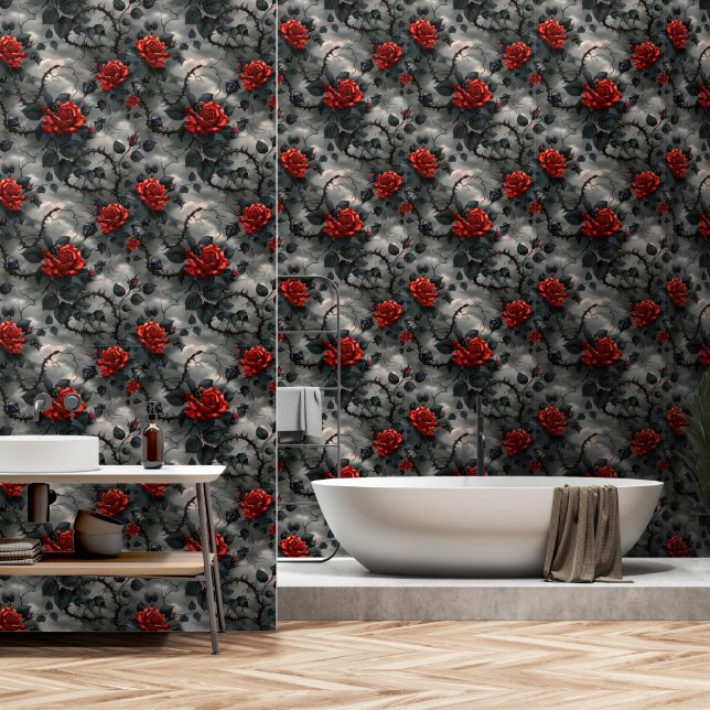 Gothic Red Roses Pattern Wallpaper (Bathroom)