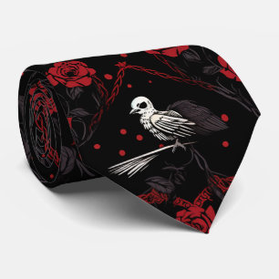Gothic Red Roses Red Chain Hearts White Crow Tie