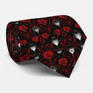 Gothic Red Roses Silver Hearts  Tie