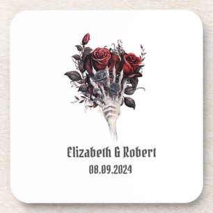 Gothic Red Roses Skeleton Wedding  Coaster