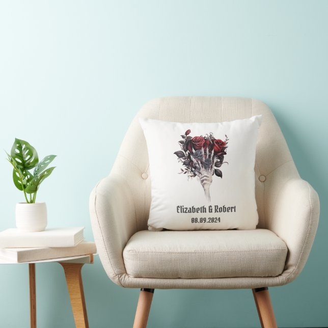 Gothic Red Roses Skeleton Wedding  Throw Pillow (Chair)