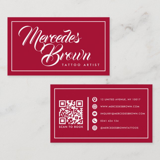 Gothic Red Script Name QR Code Tattoo Artist Business Card (Front/Back)