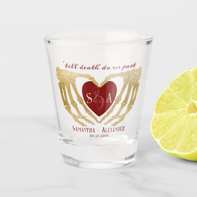 Gothic Red Wedding Skeleton Hands Till Death Shot Glass (Front)