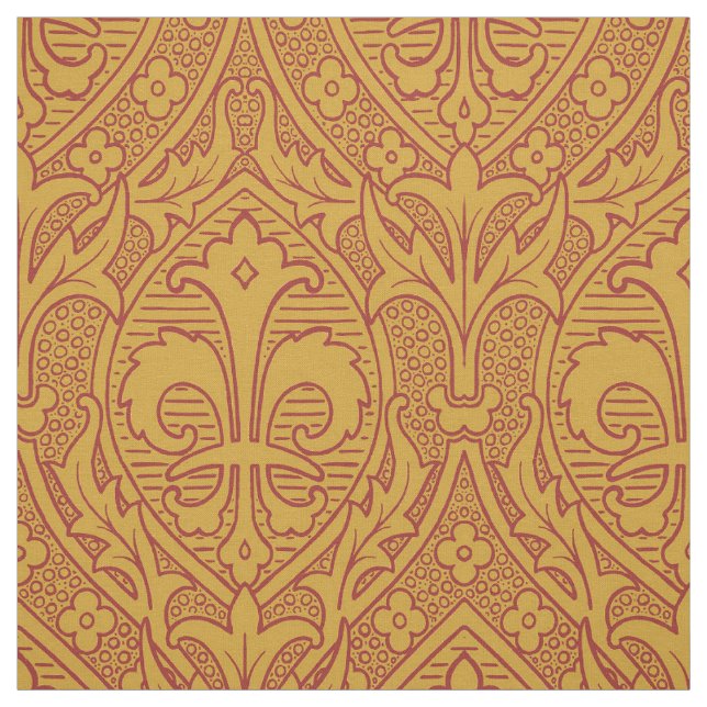 Gothic Revival Fleur de Lys - Red on Gold Fabric (Swatch)
