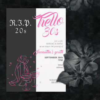 Gothic RIP 20s Hello 30s Birthday Pink Black Invitation
