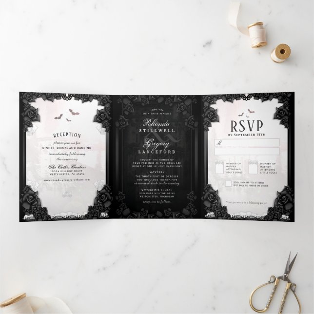 Gothic Romance Black & White "Together With" Tri-Fold Invitation (Inside)
