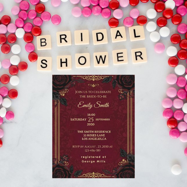 Gothic Romance Burgundy&Blck Roses Bridal Shower Invitation (Creator Uploaded)