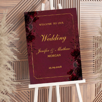 Gothic Romance Burgundy Roses Elegant Welcome Sign