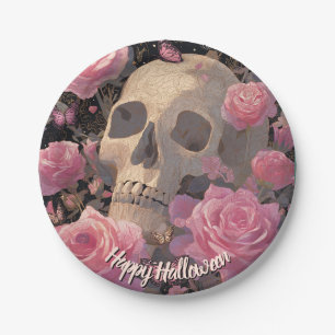 Gothic Romance Floral Skull Halloween Paper Plate