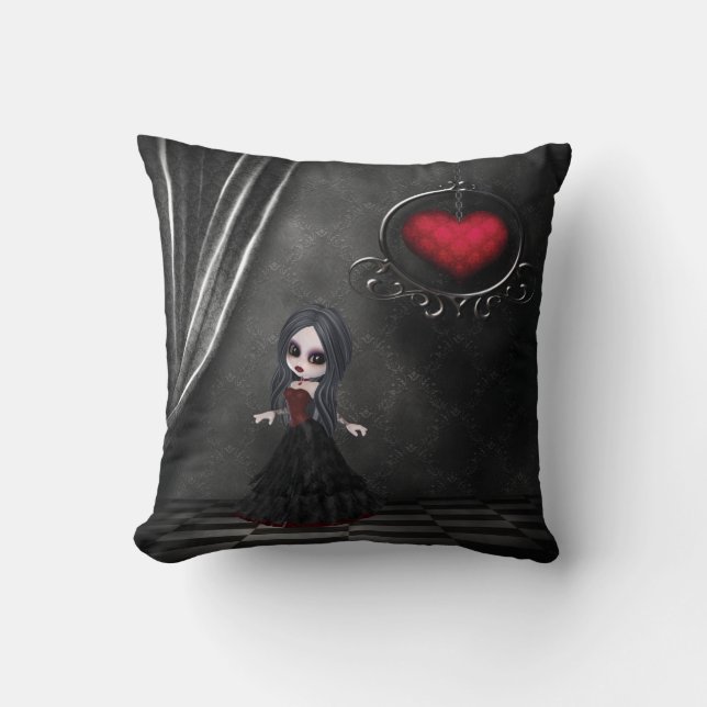 Gothic Romance Goth Girl & Hanging Heart Pillow (Front)