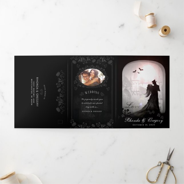 Gothic Romance Halloween (photo) RECEPTION & RSVP Tri-Fold Invitation (Outside)