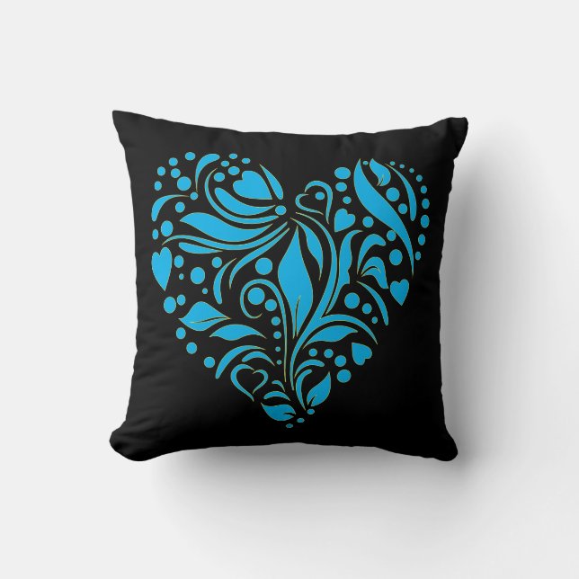 Gothic Romantic Blue Heart Design Teal Blue Throw Pillow (Front)