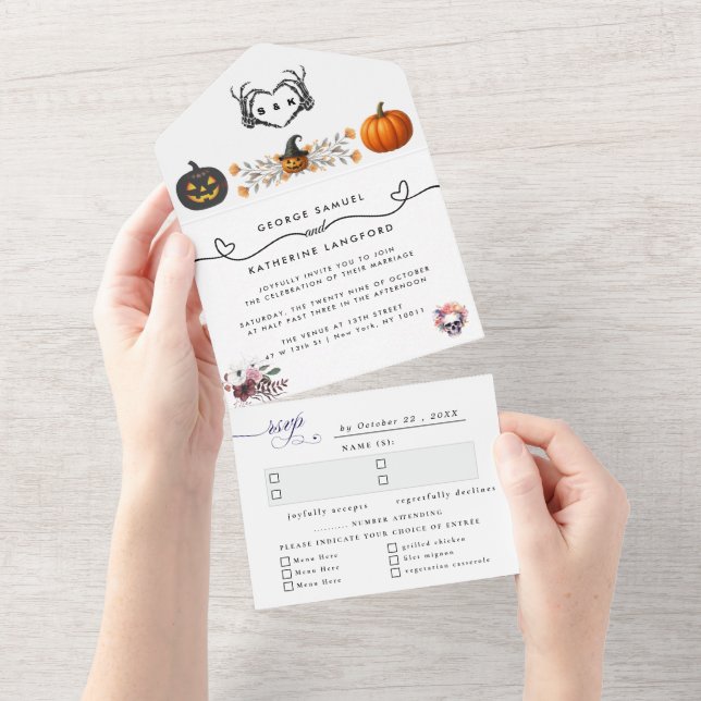 Gothic Romantic Skeleton Hand Halloween Wedding All In One Invitation (Tearaway)