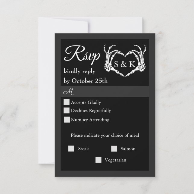 Gothic Romantic Skeleton Hand Halloween Wedding RSVP Card (Front)