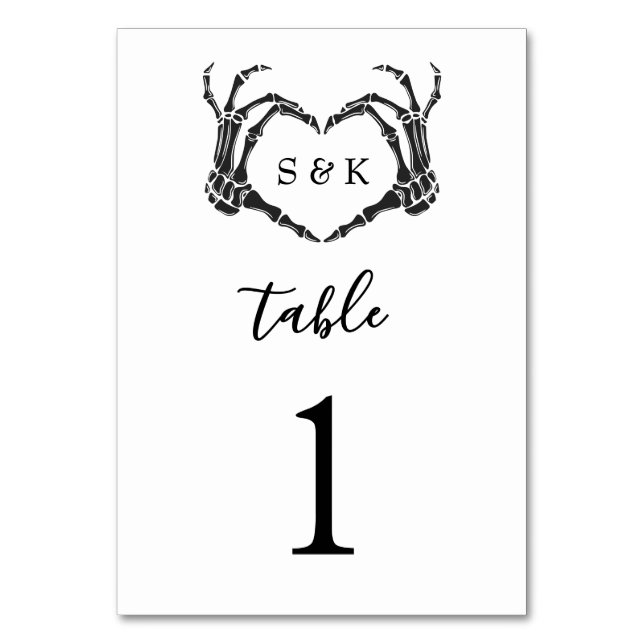 Gothic Romantic Skeleton Hand Halloween Wedding Table Number (Front)