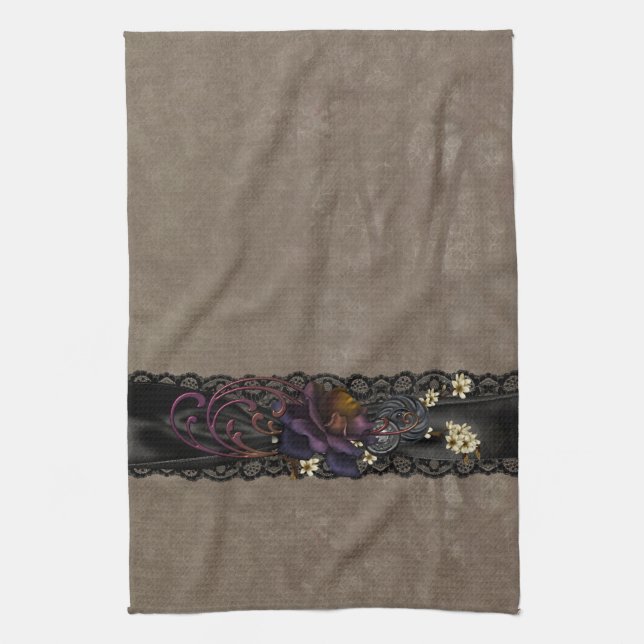 Gothic Rose and Black Lace Kitchen Towel (Vertical)