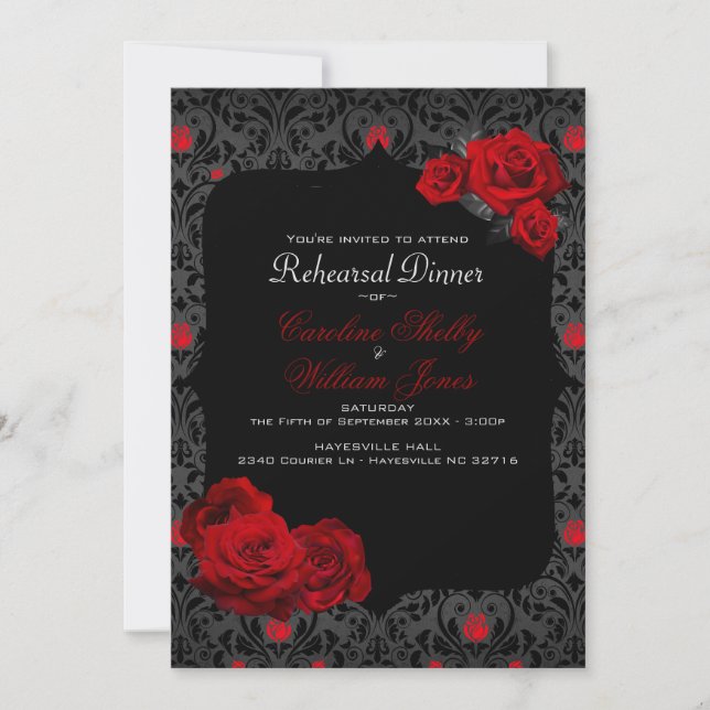 Gothic Rose Black and Red Rehearsal Dinner Invitation (Front)