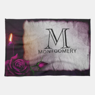 Gothic Rose, Candle, and Parchment Monogram Kitchen Towel