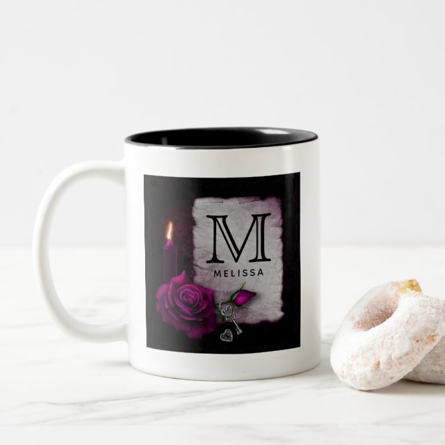 Gothic Rose, Candle, Parchment and Locket Two-Tone Coffee Mug (With Donut)