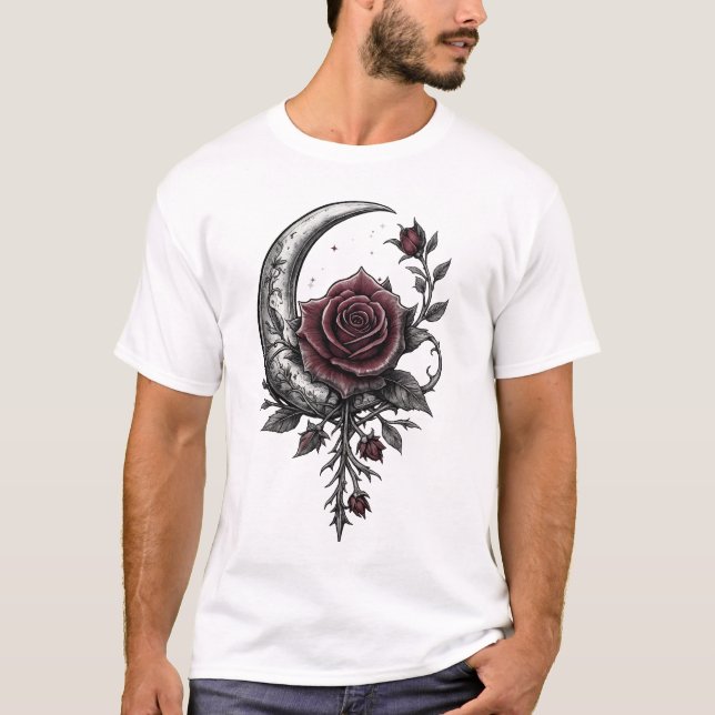 Gothic Rose Crescent Moon Dark Floral Artwork T-Shirt (Front)