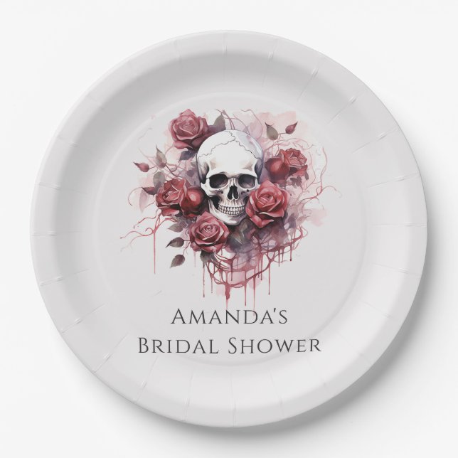 Gothic Rose Skull Halloween Bridal Shower Paper Plate (Front)