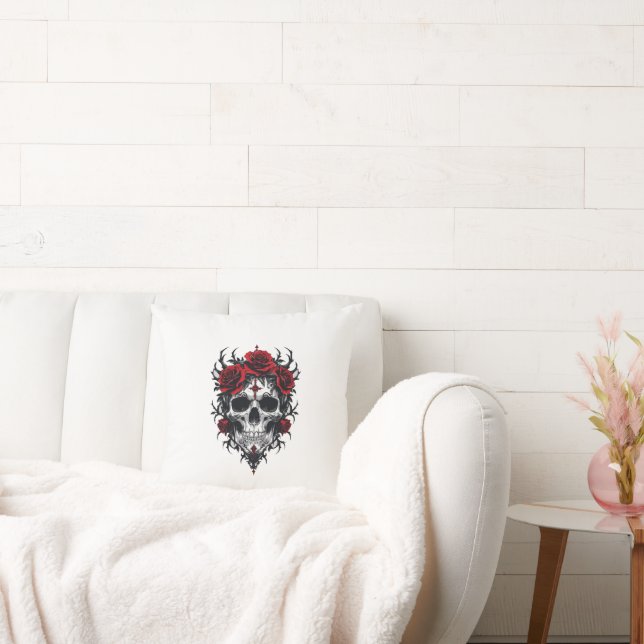 Gothic Rose Skull Throw Pillow (Couch)