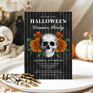 Gothic Roses And Skull Halloween Dinner Party Invitation