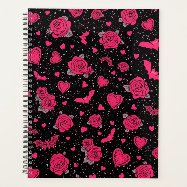 Gothic Roses & Bats Pattern | Hot Pink Dark Romanc Planner (Front)