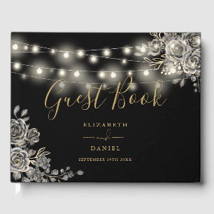 Gothic Roses Black And Gold String Lights Wedding Guest Book