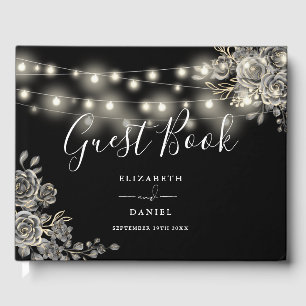 Gothic Roses Black And White String Lights Wedding Guest Book