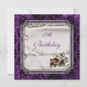 Gothic Roses & Black Damask 17th Birthday Invitation