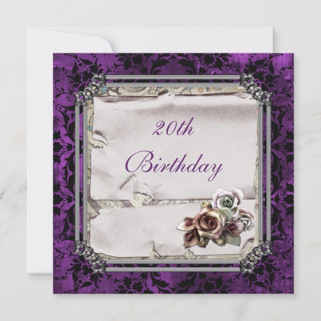 Gothic Roses & Black Damask 20th Birthday Invitation (Front)