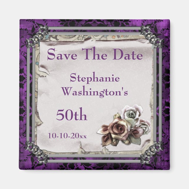 Gothic Roses & Black Damask 50th Save The Date Magnet (Front)