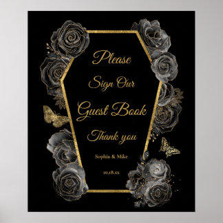 Gothic Roses Coffin Wedding Guest Book Table Sign