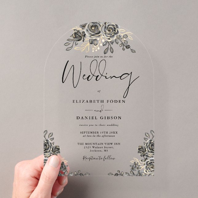 Gothic Roses Floral Black And Gold Arch Wedding Acrylic Invitations (Insitu (Handheld))