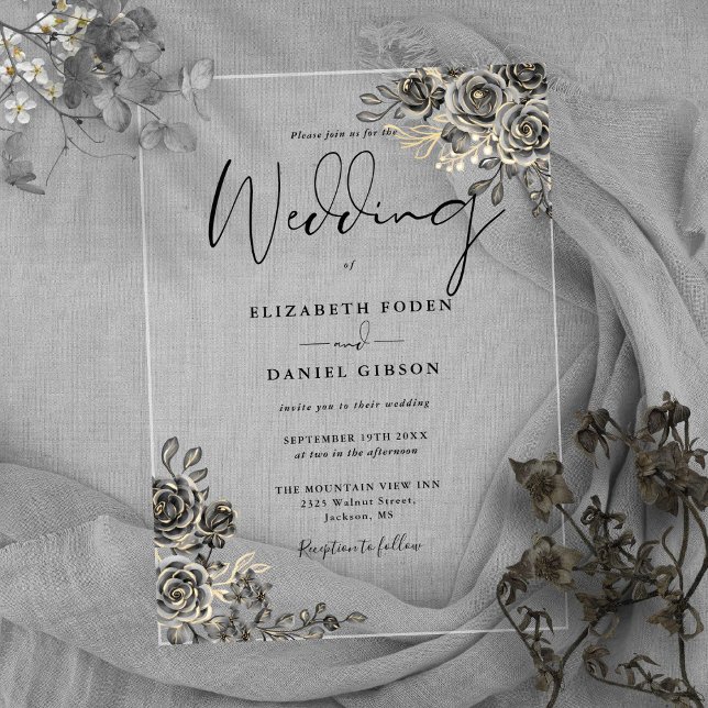 Gothic Roses Floral Black And Gold Wedding Acrylic Invitations (Gothic Roses Floral Black And Gold Wedding Acrylic Invitations)