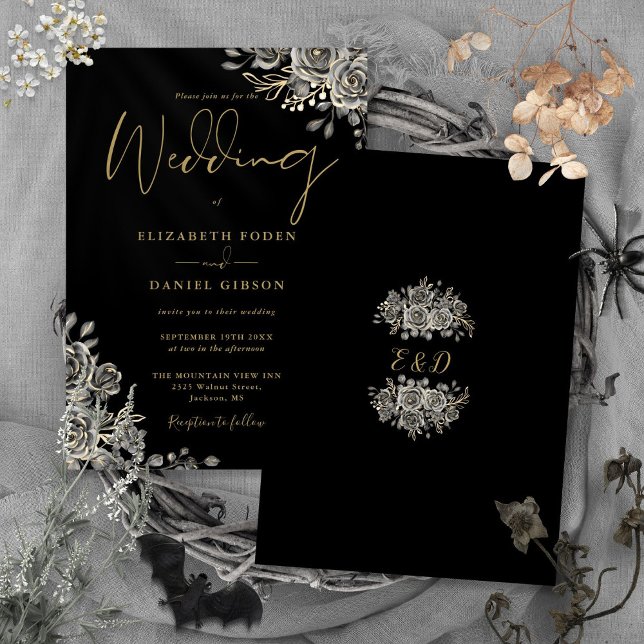 Gothic Roses Floral Black And Gold Wedding Invitation (Gothic Roses Floral Black And Gold Wedding Invitation)