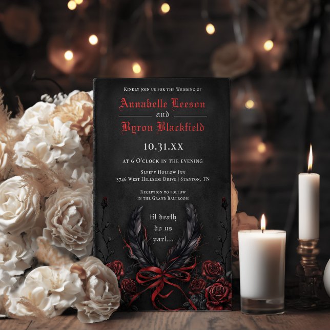 Gothic Roses Floral Black and Red Wedding Invitation (Gothic Black and Red and White Floral Raven Feather Floral Wedding Invitation)