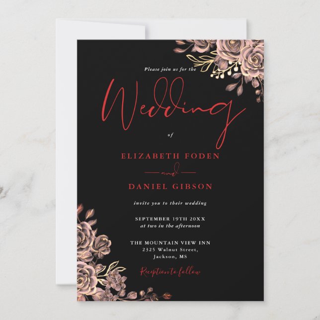 Gothic Roses Floral Black And Red Wedding Invitation (Front)