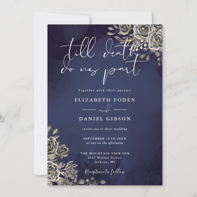 Gothic Roses Floral Midnight Blue Wedding Invitation (Front)