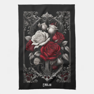 Gothic Roses in Ornate Frame Kitchen Towel